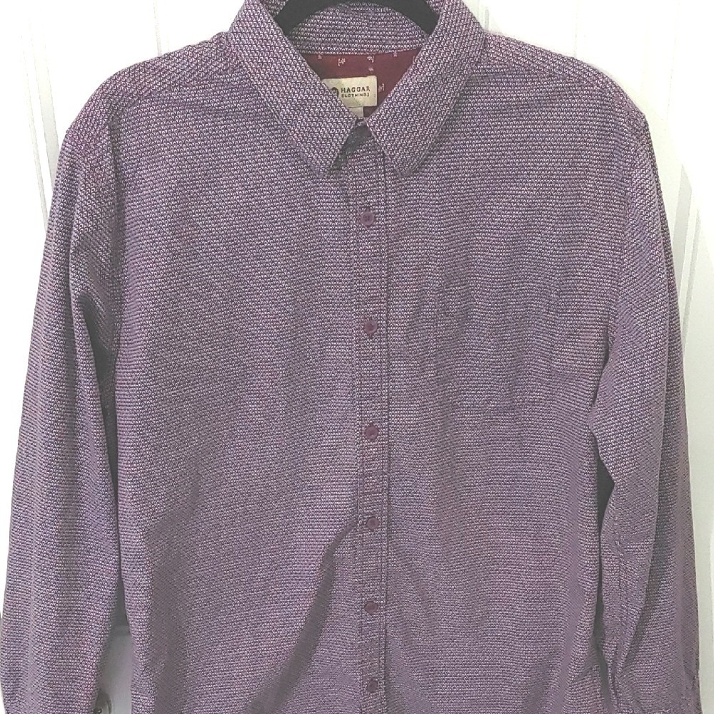 Haggar Mens Purple Geometric Micro Print Cotton Button Down Shirt Large L
